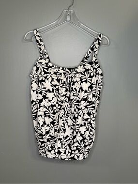 Lands’ End Blouson Tankini Swim Top Black White Floral Tummy Control Size 12D